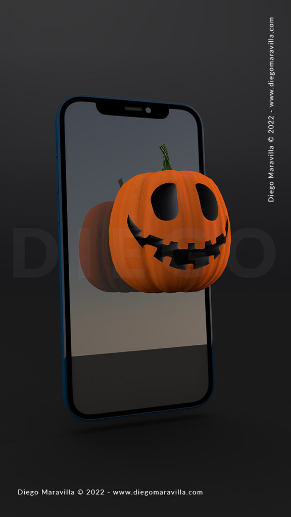 3D Digital Halloween with smartphone and scary pumpkin
