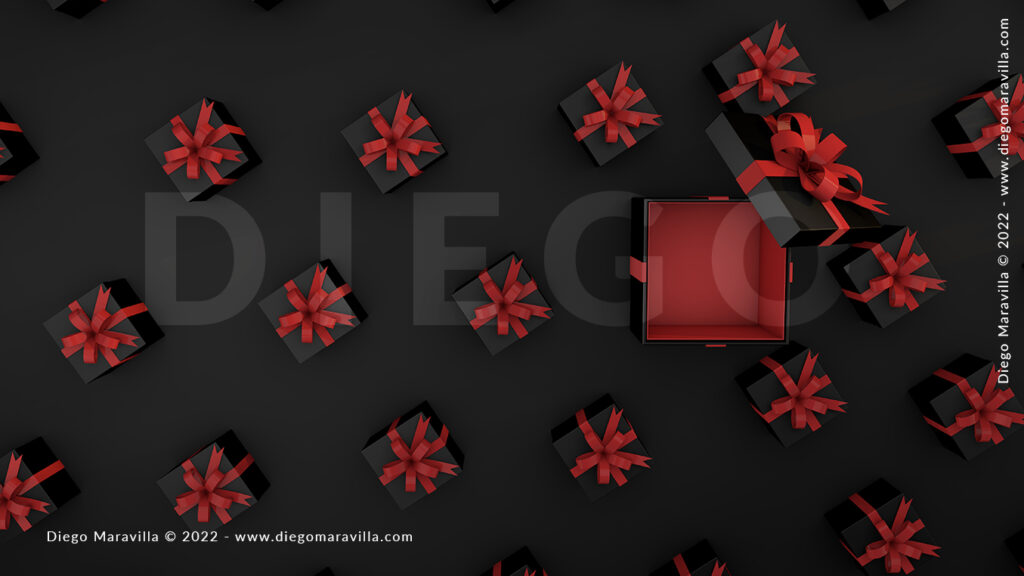 Black Friday background black gifts and red ribbon 3D Render
