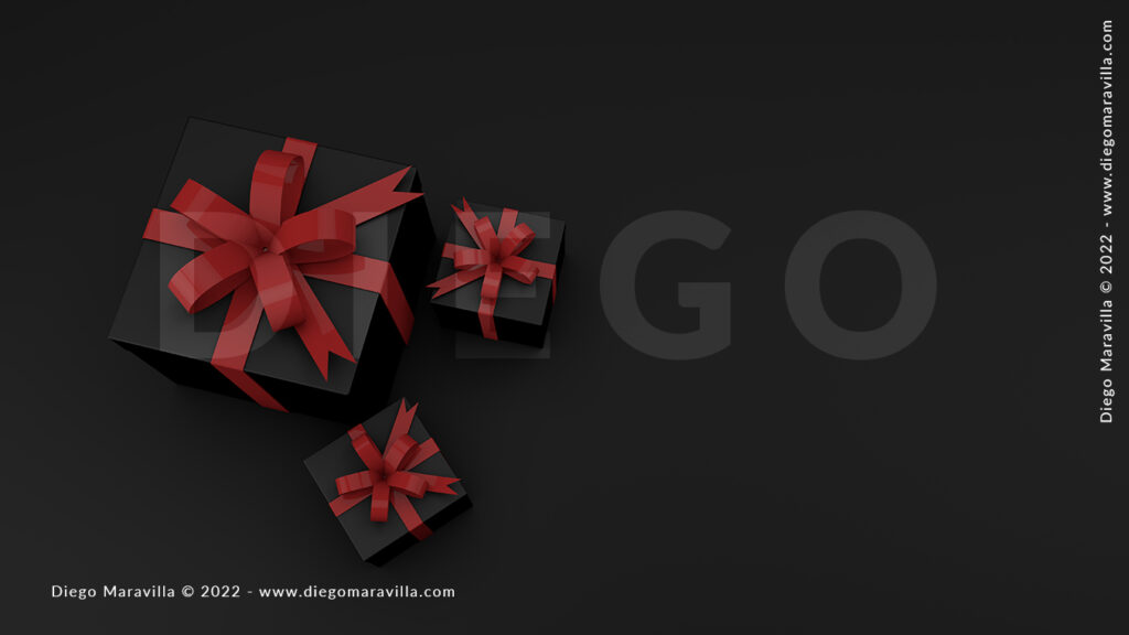 Black Friday sale flat lay with presents and red ribbon 3d Render top view