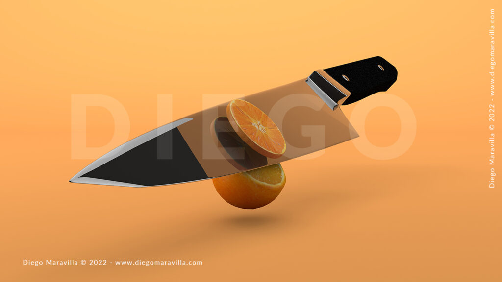 Orange fruit cut by slices with metal knife isolated on orange background. 3D Render summer fruit concept