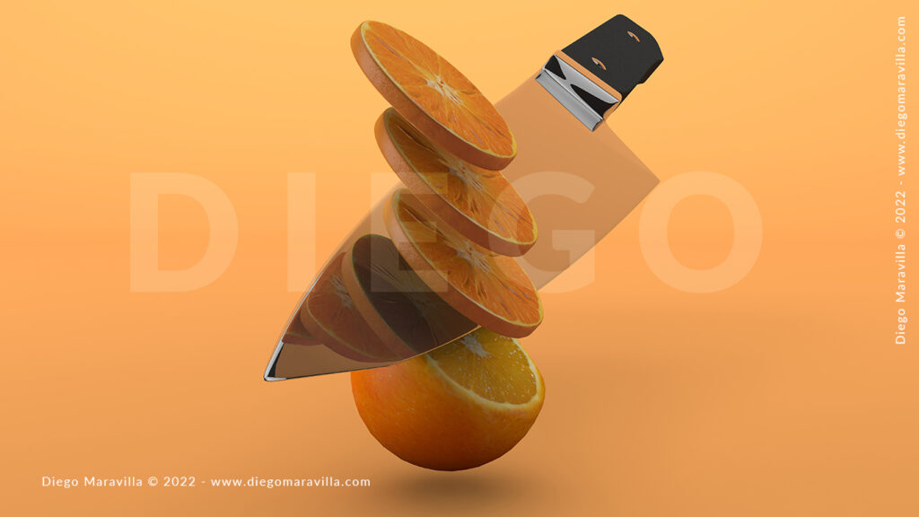 Slicing orange fruit with knife on orange background, a summer fruit cocept. 3d render