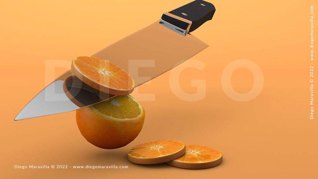 Summer fruit concept, cutting orange with knife on orange background and copyspace. 3d render