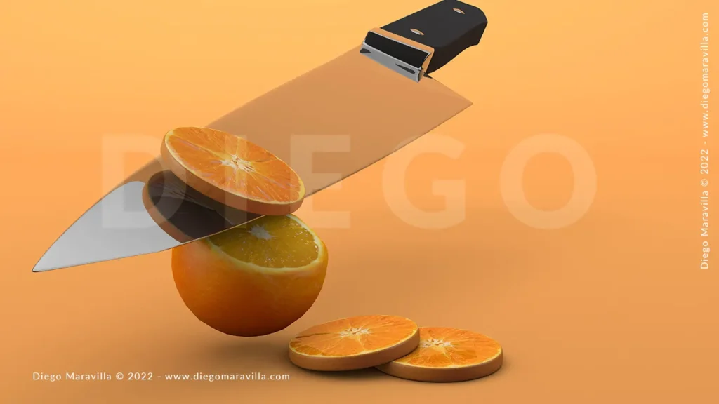 Summer fruit concept, cutting orange with knife on orange background and copyspace. 3d render