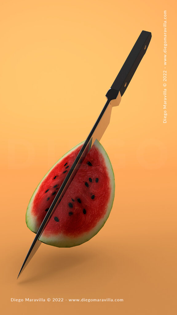 Watermelon summer fruit, ripe cut slices on orange background. 3D Render