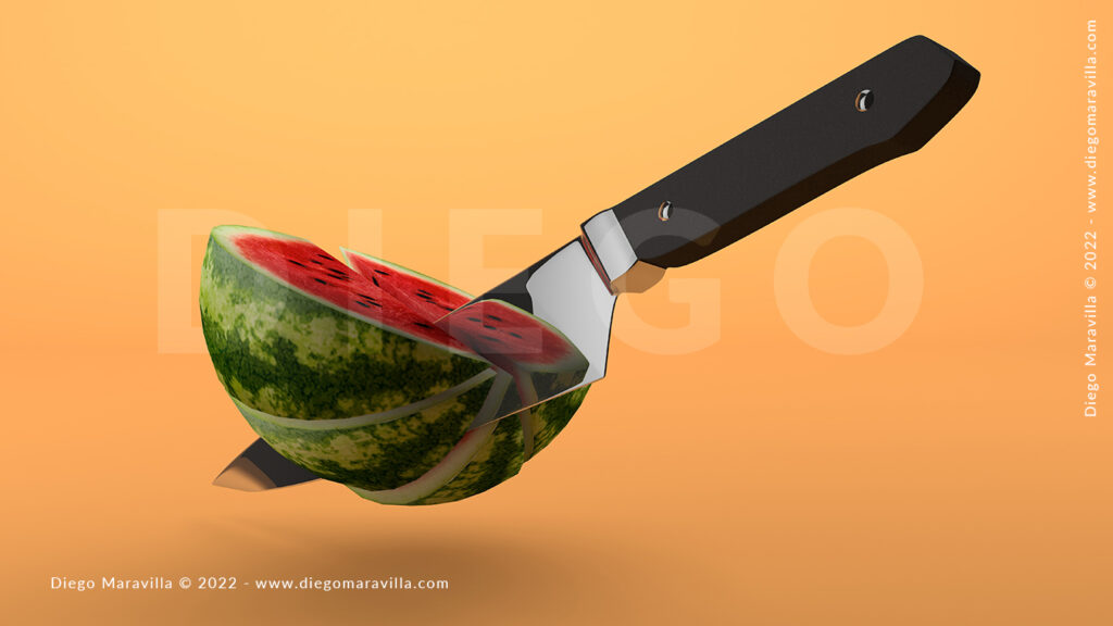 sliced ​​watermelon Isolated and metal knife on orange background. 3D Render Summer fruit concept