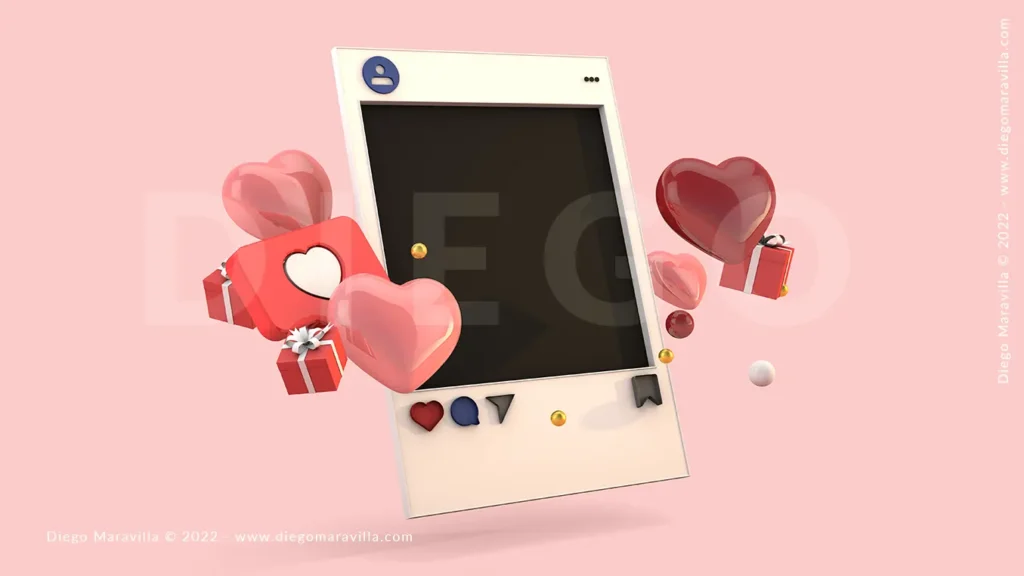 3D frame social network with love icons for valentines day