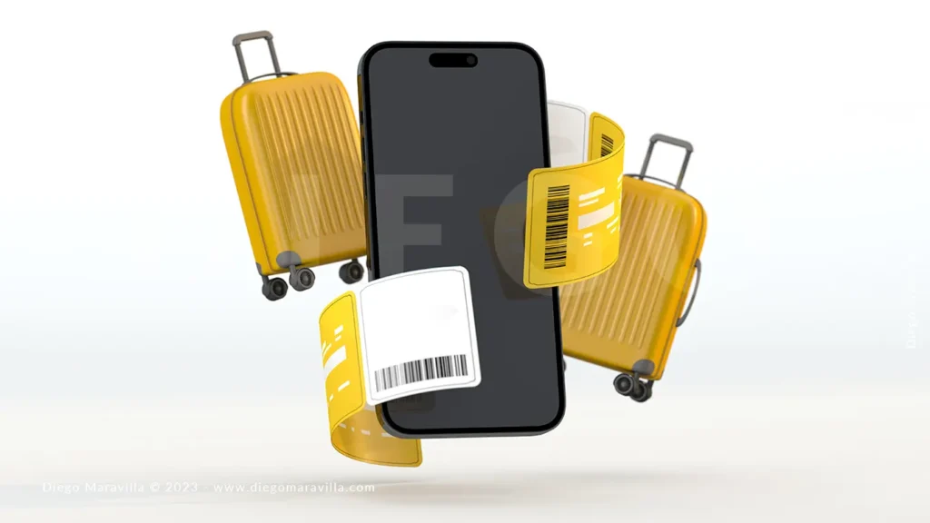 Digital travel concept with ticket pass, smartphone and yellow suitcase