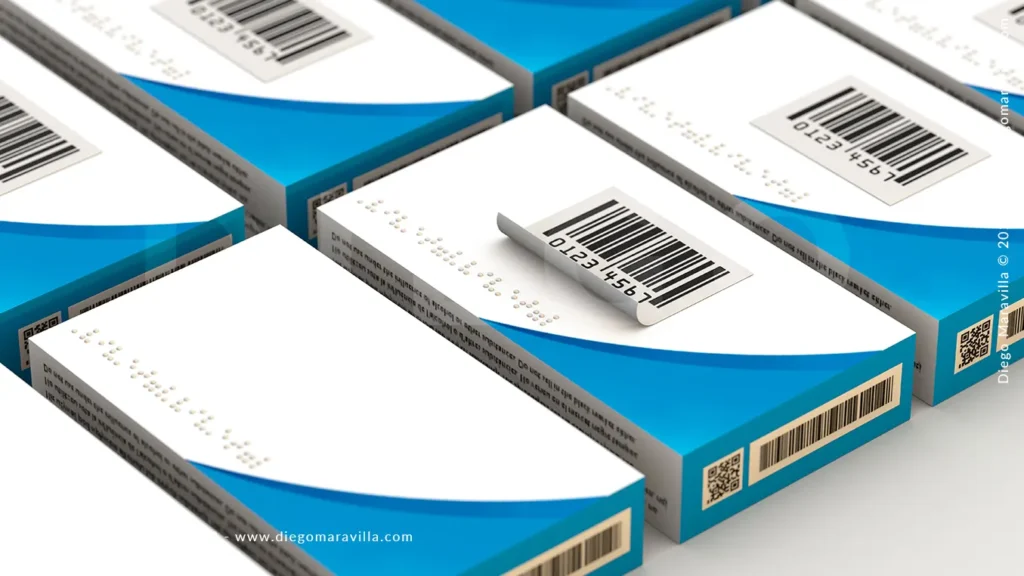 Label with bar code and medicine box. 3d render
