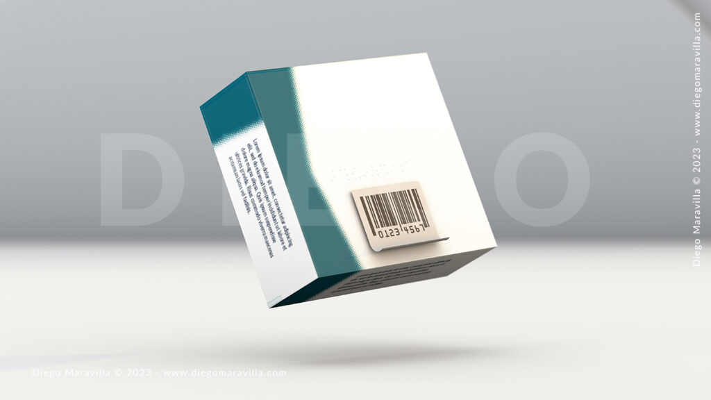 Pharma box floating with white label and bar code