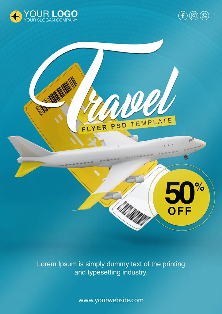 PSD Travel flyerwith airplane and ticket boarding pass