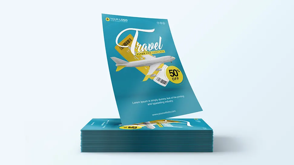 Travel agency flyer template with airplane and ticket boarding pass