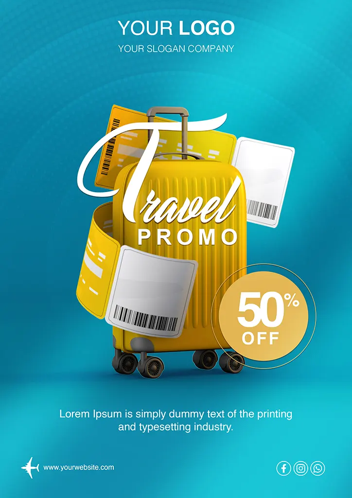 Travel promo flyer with yellow suitcase