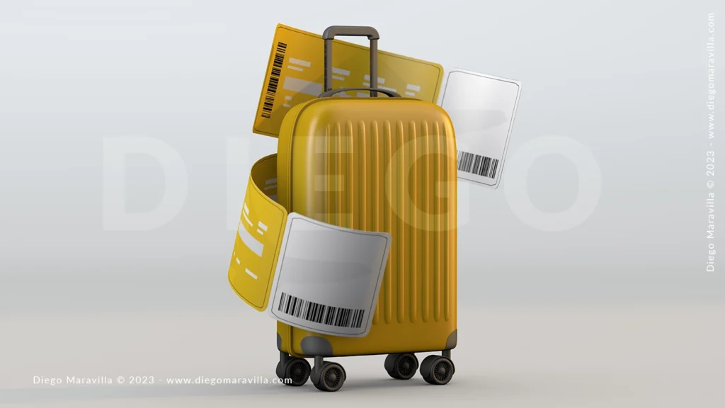 Yellow suitcase and ticket pass plane a travel concept