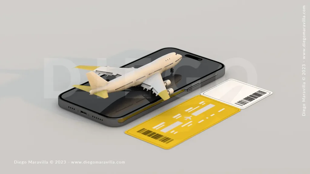phone mockup with airplane and ticket boarding pass