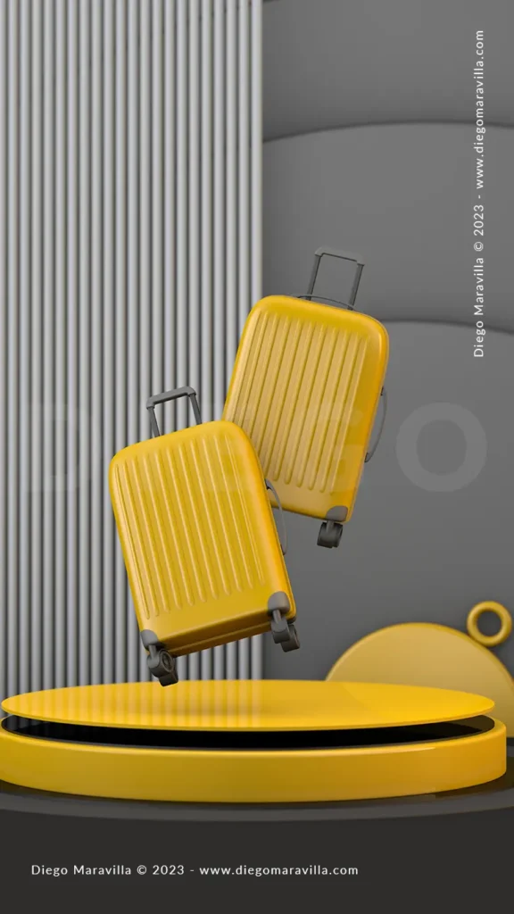 Two yellow suitcases floating on modern yellow podium