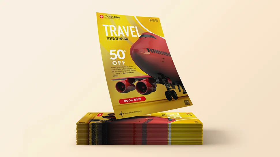 Travel flyer template with red airplane