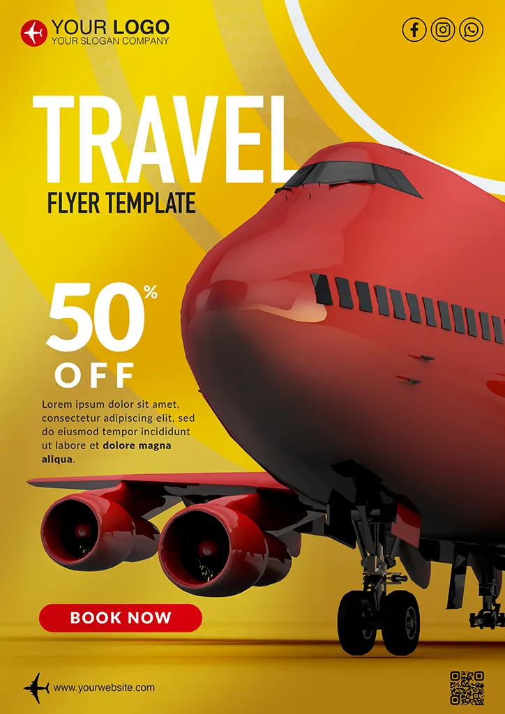 Travel flyer template with red airplane