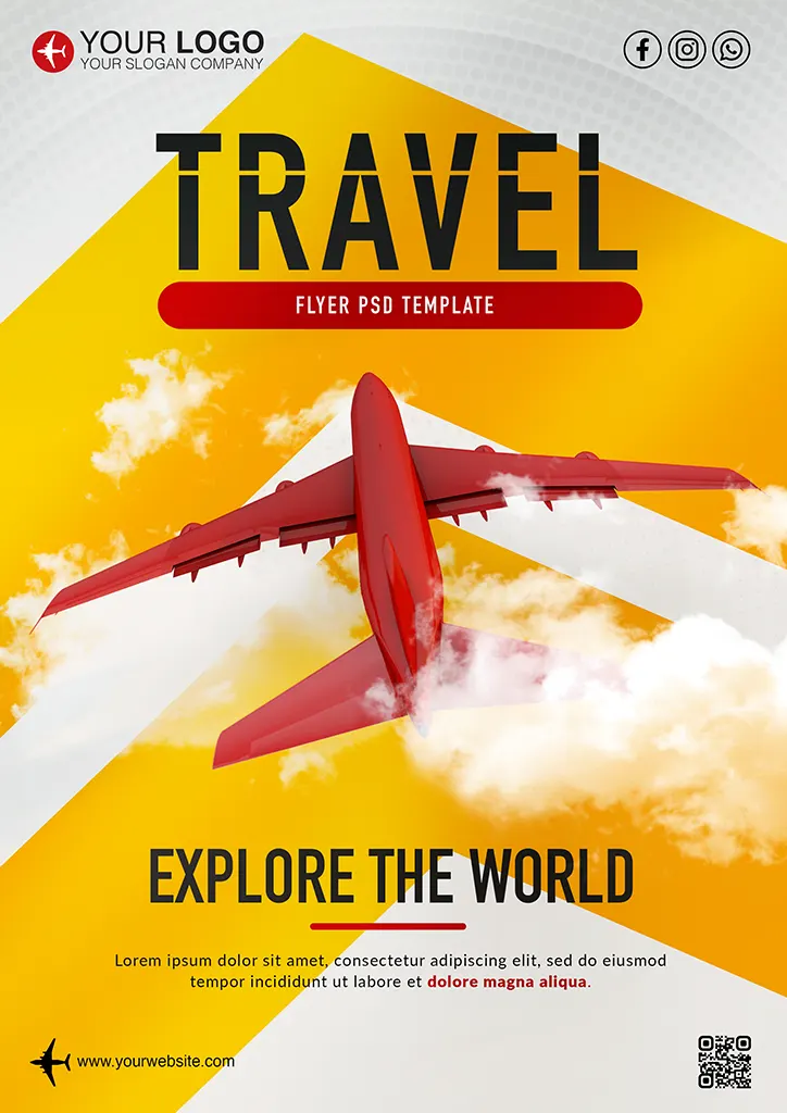 Travel flyer template with red airplane