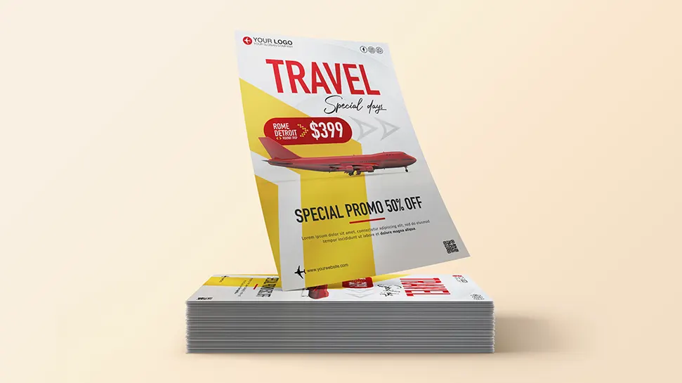 Travel promo flyer template with red airplane