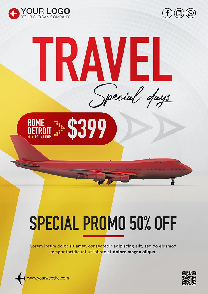 Travel promo flyer with red airplane